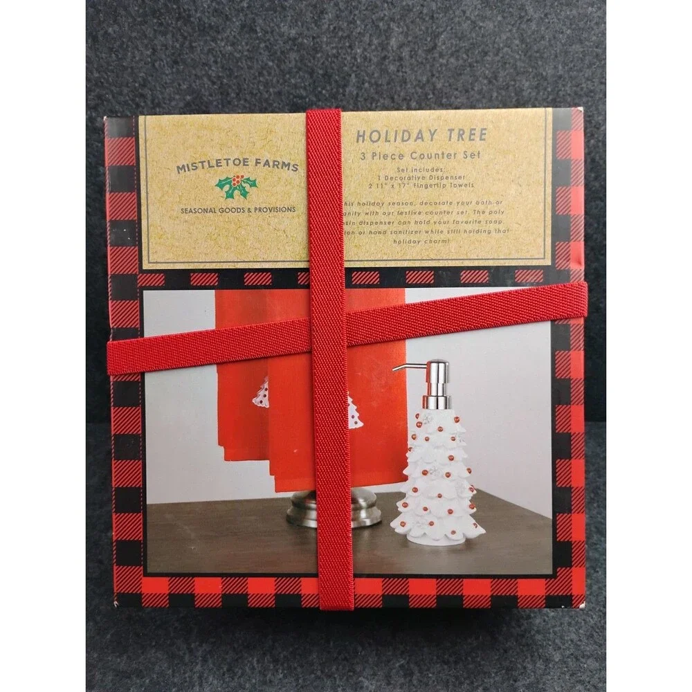White Christmas Tree Soap Lotion Dispenser and 2 Red Fingertip Towels NEW in Box
